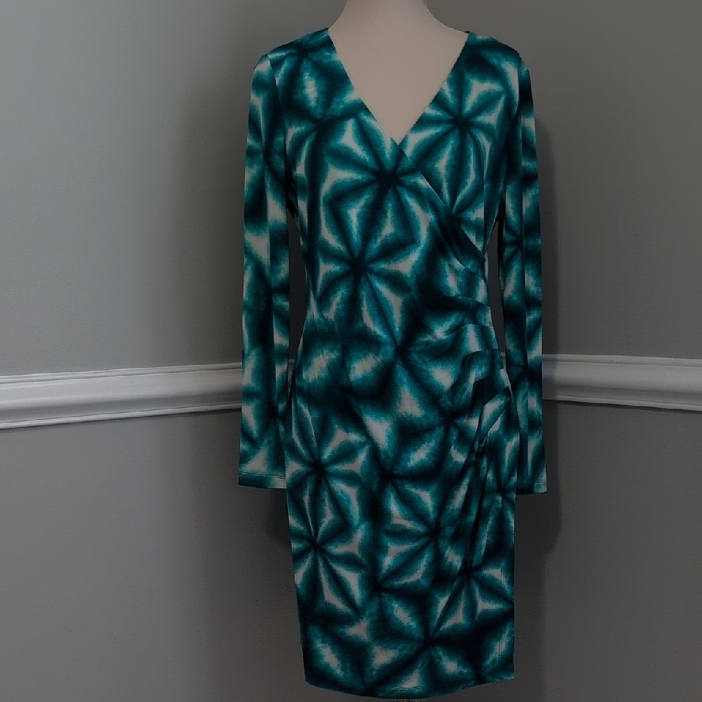 Calvin Klein Teal Geometric Long Sleeve Dress